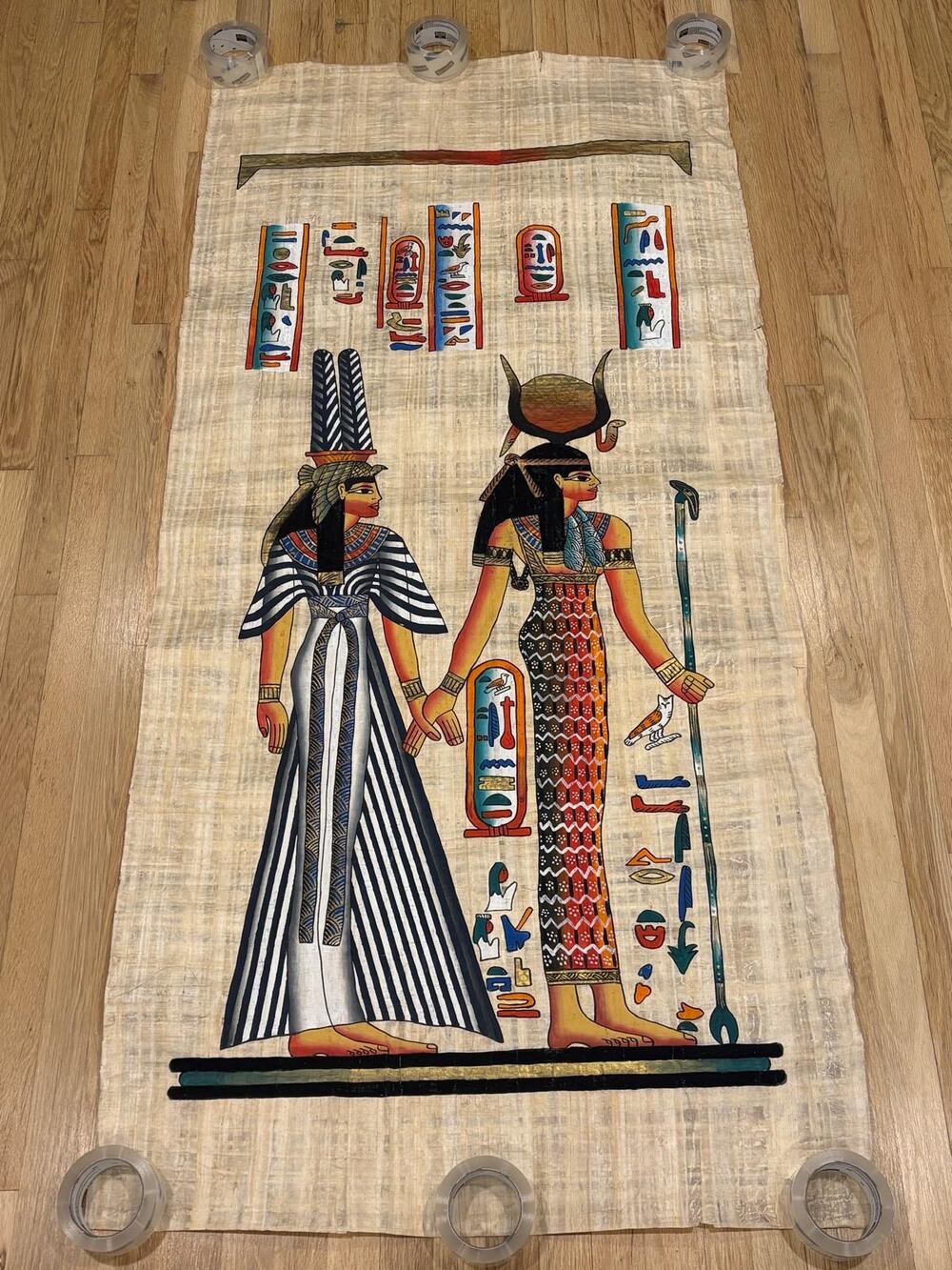 Goddess Isis & Queen Nefertari Papyrus Painting Egypt Giant Life Size Rare 73x34